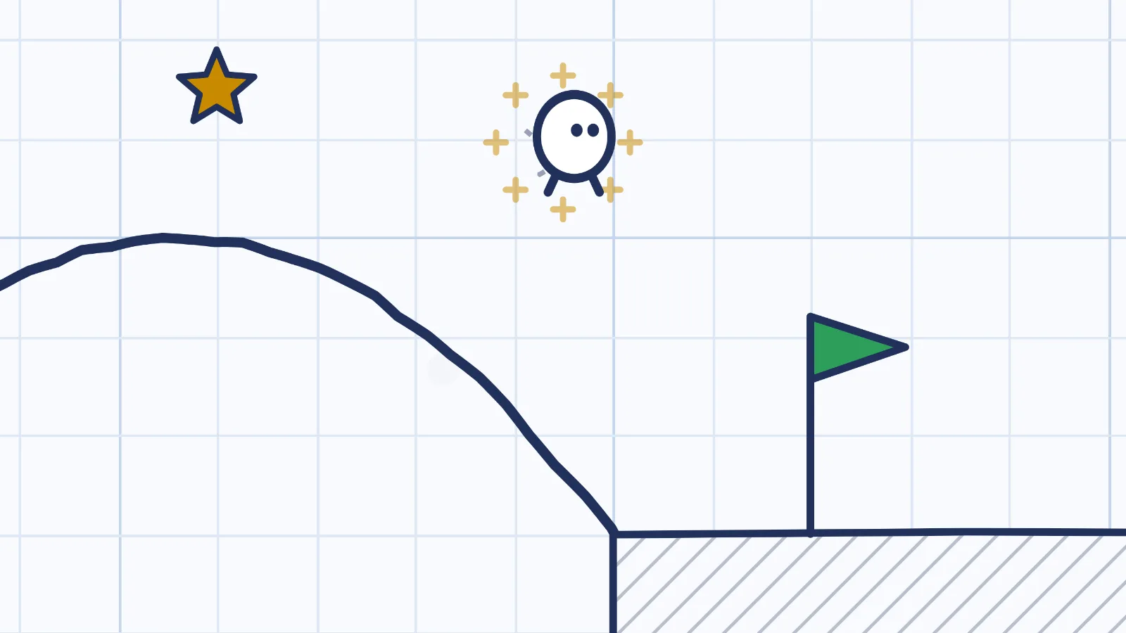 The doodle jumps off the end of a bridge, sparkling from a star it just grabbed, with the flag close by.