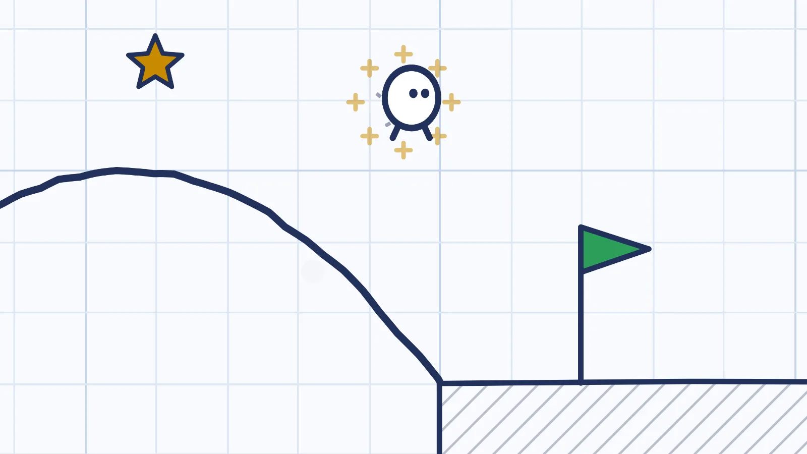 Le doodle saute du bout d'un pont, dans les étincelles d'une étoile qu'il vient d'attraper, tout près du drapeau.
